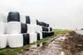 Round silage bales wrapped in a black and white membrane and laid like a pyramid.