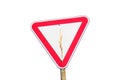 Food crisis concept. Red road sign isolated. Defocus blank empty triangle red warning road sign on white background Royalty Free Stock Photo