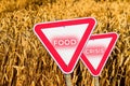 Food crisis concept. Two red road signs. Defocus blank empty triangle red warning road sign on nature background. Hunger Royalty Free Stock Photo