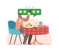 Food Critic, Satisfied Foodie Character Sitting at Table Enjoying Delicious Five Stars Meals. Expert Visiting Restaurant