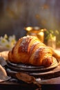 food croissant bokeh table breakfast cup background espresso morning drink bakery background. Generative AI.