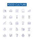 Food culture line icons signs set. Design collection of Cuisine, Gourmet, Gastronomy, Dishware, Recipes, Etiquette
