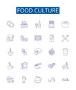 Food culture line icons signs set. Design collection of Cuisine, Gourmet, Gastronomy, Dishware, Recipes, Etiquette