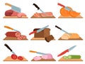 Food cut process. Raw meat and ham, chopped knife vegetables on wood board. Dinner cooking, isolated ingredients prepare