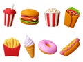 Food 3d icons. Drink, burger donut and ice cream cone. Render realistic hot dog and arabian vegan wrap. Fast meals Royalty Free Stock Photo