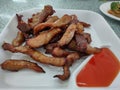 Food deep fried dried pork. Local appetizer food in Thailand for breakfast or lunch