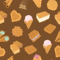 Food delicious dessert, waffle seamless pattern vector illustration. Sweet tasty pastry, cone with cream background Royalty Free Stock Photo