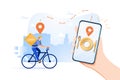 Food delivery app on a smartphone tracking a delivery man on a bicycle with a ready meal, technology and logistics concept, city