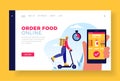 Food delivery banner template. Courier on kick scooter delivering groceries ordered via app