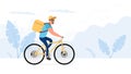 Food delivery by bike. The guy on a bicycle rides in the park. Bicycle delivery concept. Vector stock illustration. Royalty Free Stock Photo