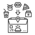 Food delivery black line icon. Open box with fast food. Sign for web page, app. UI UX GUI design element. Editable Royalty Free Stock Photo