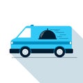 Food delivery car flat icon. Vector illustration of a moving food truck with serving metal plate image on the side Royalty Free Stock Photo