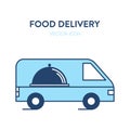 Food delivery car icon. Vector illustration of a moving food truck. Represents a concept of food delivery. Can be used as a logo, Royalty Free Stock Photo