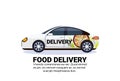 Food delivery car sedan transport parcel fast city transportation shipping industrial concept isolated flat horizontal