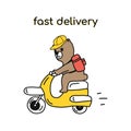 Food delivery a cheerful bear character rides a scooter with an order in a large backpack.Hand-drawn vector illustration