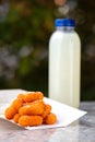 food delivery, cheese sticks takeaway food, paper containers with Breaded mozzarella cheese sticks and sauce.