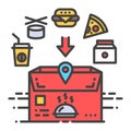 Food delivery color line icon. Open box with fast food. Sign for web page, app. UI UX GUI design element. Editable Royalty Free Stock Photo