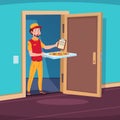 Food delivery concept. Cartoon guy deliver with pizza in home doorway. Vector illustration Royalty Free Stock Photo