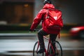 Food delivery courier person rushing bike bicycle cycling city streets red uniform order carrying bag backpack mail