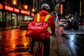 Food delivery courier person rushing bike bicycle cycling city streets red uniform order carrying bag backpack mail
