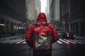 Food delivery courier person rushing walking running city streets red uniform order carrying bag backpack mail service