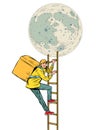 food delivery courier, worker climbs stairs to the moon. city service