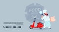 Food Delivery Emblem Concept Chef Cook Standing At Red Motor Bike Over Template Background Banner With Copy Space