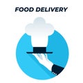 Food delivery flat icon. Vector illustration of a waiter hand with a food tray. Represents concept of food delivery and cooking, Royalty Free Stock Photo