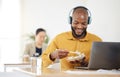 Food, delivery and happy black man with laptop in office for lunch break, eating and meal. Sushi, brunch and African Royalty Free Stock Photo