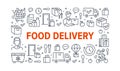 Food delivery horizontal poster with line icons. Vector illustration - courier on bike, door contactless delivering