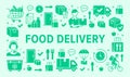 Food delivery horizontal poster with silhouette icons. Vector illustration courier on bike, contactless delivering