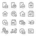 Food delivery icon set vector illustration. Contains such icon as Courier, Delivery, Scooter, Food Box, Bike delivery and more. Ex