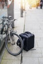 Food delivery isotherm rucksack backpack near a bike at the front door of Royalty Free Stock Photo