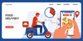 Food delivery landing page. People order food using mobile application. Courier drives scooter and takes purchases to