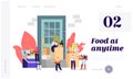 Food Delivery Landing Page Template. Couriers Characters Stand at Door with Paper Bags with Grocery Products, Shipping