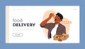 Food Delivery Landing Page Template. Man Enjoying Delicious Slice Of Pizza, With Melted Cheese And Savory Topping
