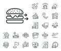 Food delivery line icon. Burger meal sign. Plane, supply chain and place location. Vector