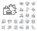 Food delivery line icon. Burger meal sign. Plane, supply chain and place location. Vector