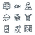 Food delivery line icons. linear set. quality vector line set such as menu, grocery, promotion, drone, shop, tray, bakery, scooter