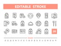 Food Delivery 20 line icons. Vector illustration in line style. Editable Stroke, 64x64, 256x256, Pixel Perfect. Royalty Free Stock Photo