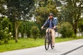 food delivery man with bag riding bicycle Royalty Free Stock Photo