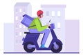 Food delivery man with bag riding a bike on city street. Flat design illustration. Vector Royalty Free Stock Photo