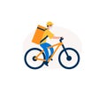 Food delivery man on an electric bike. Courier with eat bag on bicycle. Graphic for delivery service. Vector