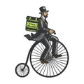 Food delivery man high wheel bicycle color sketch Royalty Free Stock Photo