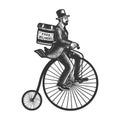 Food delivery man high wheel bicycle sketch vector