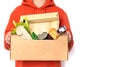 Food delivery. A man in holds a box. isolate copy space Royalty Free Stock Photo