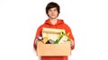 Food delivery. A man in holds a box. isolate copy space Royalty Free Stock Photo