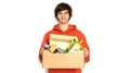Food delivery. A man in holds a box. isolate copy space Royalty Free Stock Photo