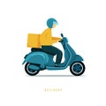 Food delivery man riding a blue scooter. Man courier riding scooter with parcel box fast delivery concept. Royalty Free Stock Photo