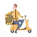 Food Delivery Man Riding Scooter, Pizza Delivery Service Cartoon Style Vector Illustratio